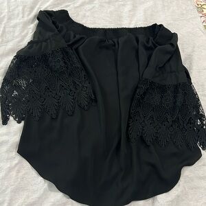 Cato Black Satin off-the-shoulder shirt with 3-quarter lace detail sleeve